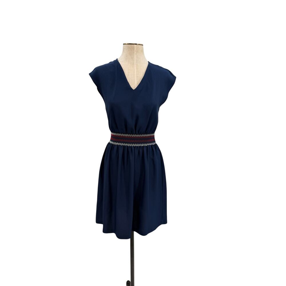 Claudie Pierlot Navy Smocked Waist Mini Dress Cap Sleeve V Neck Size 36 US 4